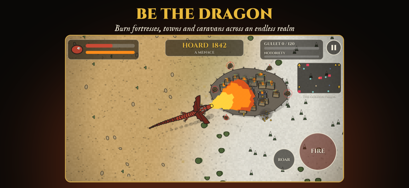 A red dragon breathing fire on a walled citadel